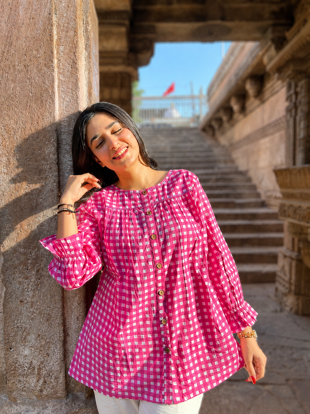 MIRA Rose Pink Checks Top
