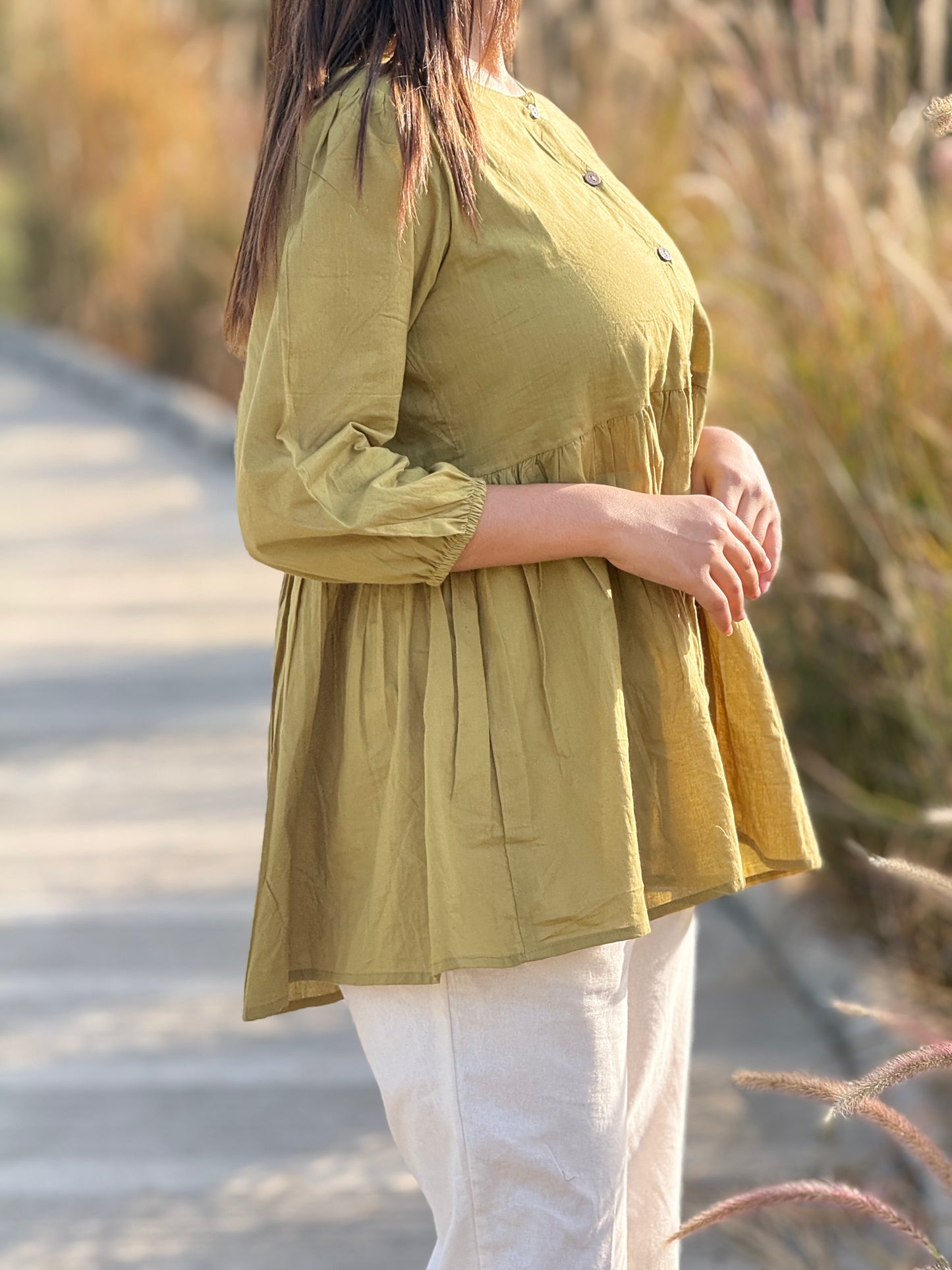 AURA Dusty Olive Solid Cotton Short Top