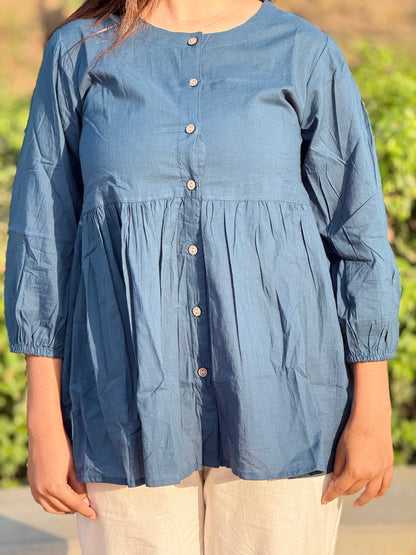 AURA Midnight Teal Solid Cotton Short Top