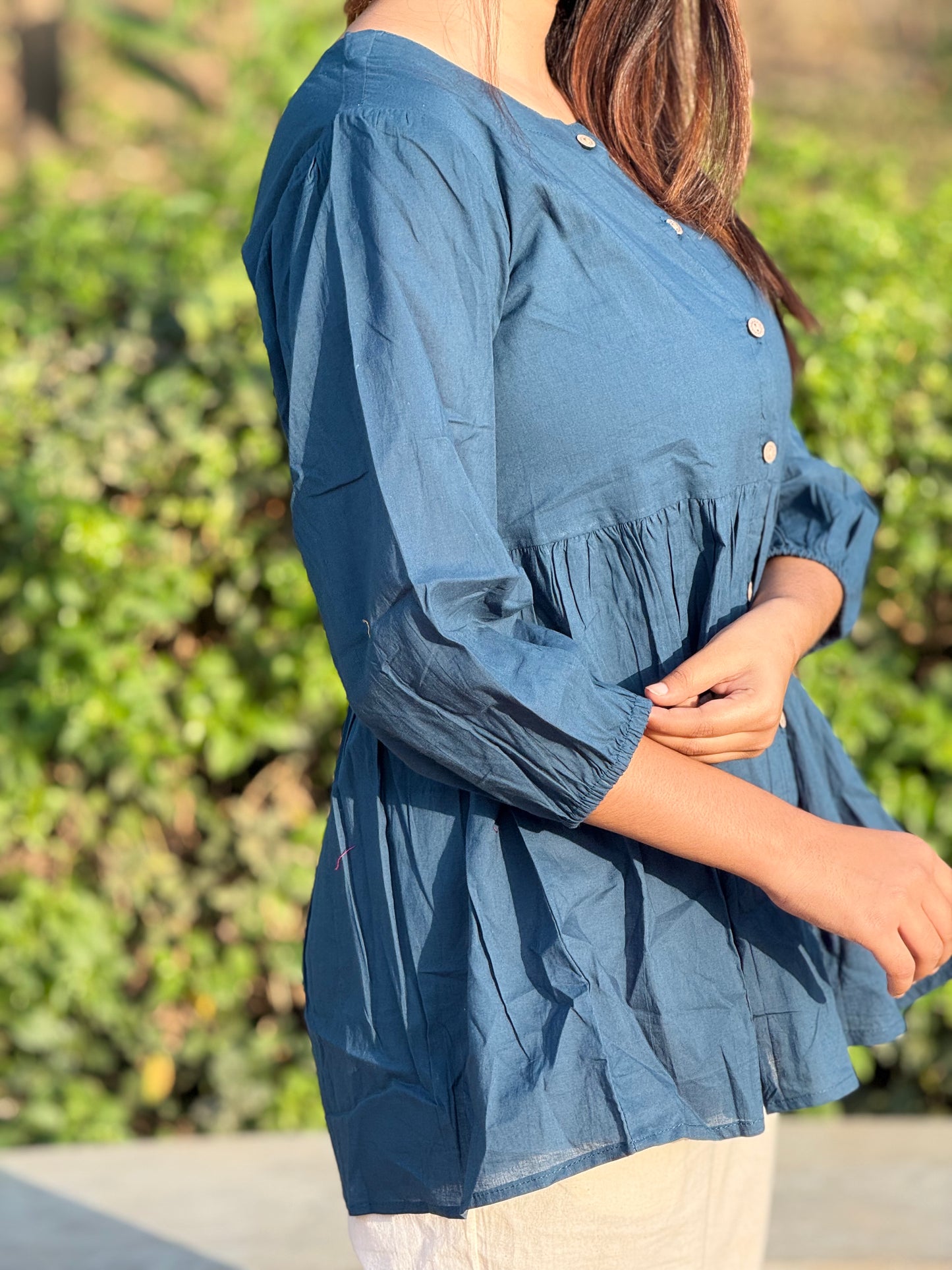 AURA Midnight Teal Solid Cotton Short Top