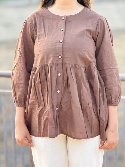 AURA Mocha Brown Solid Cotton Short Top