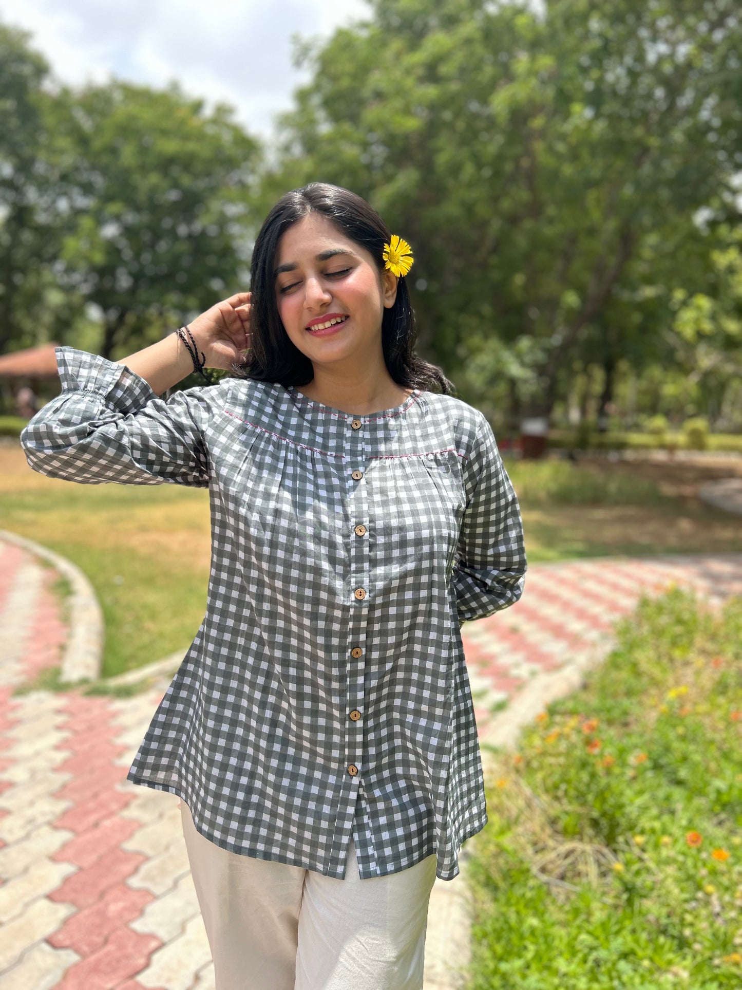MIRA Slate Grey Checks Top
