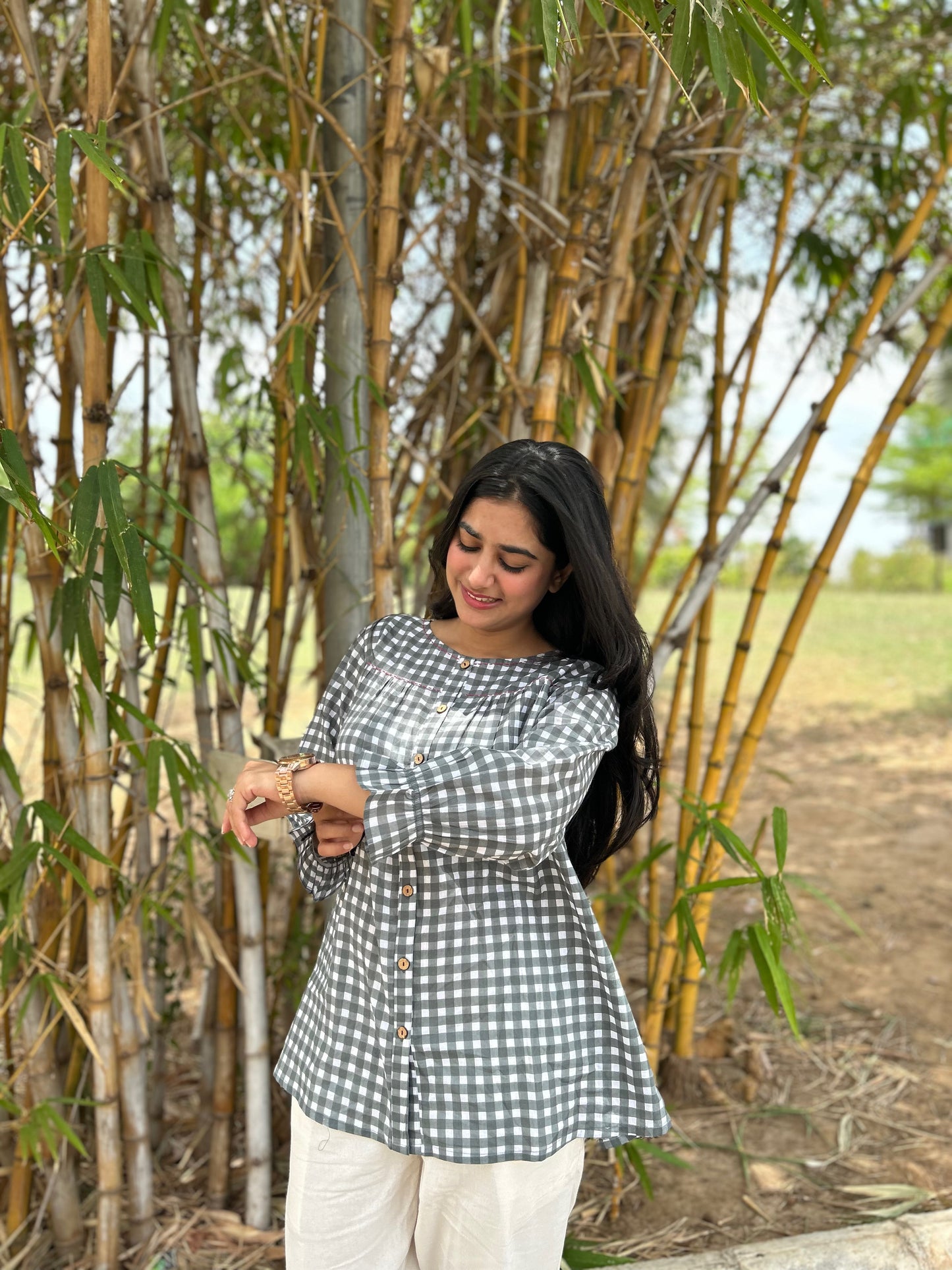 MIRA Slate Grey Checks Top