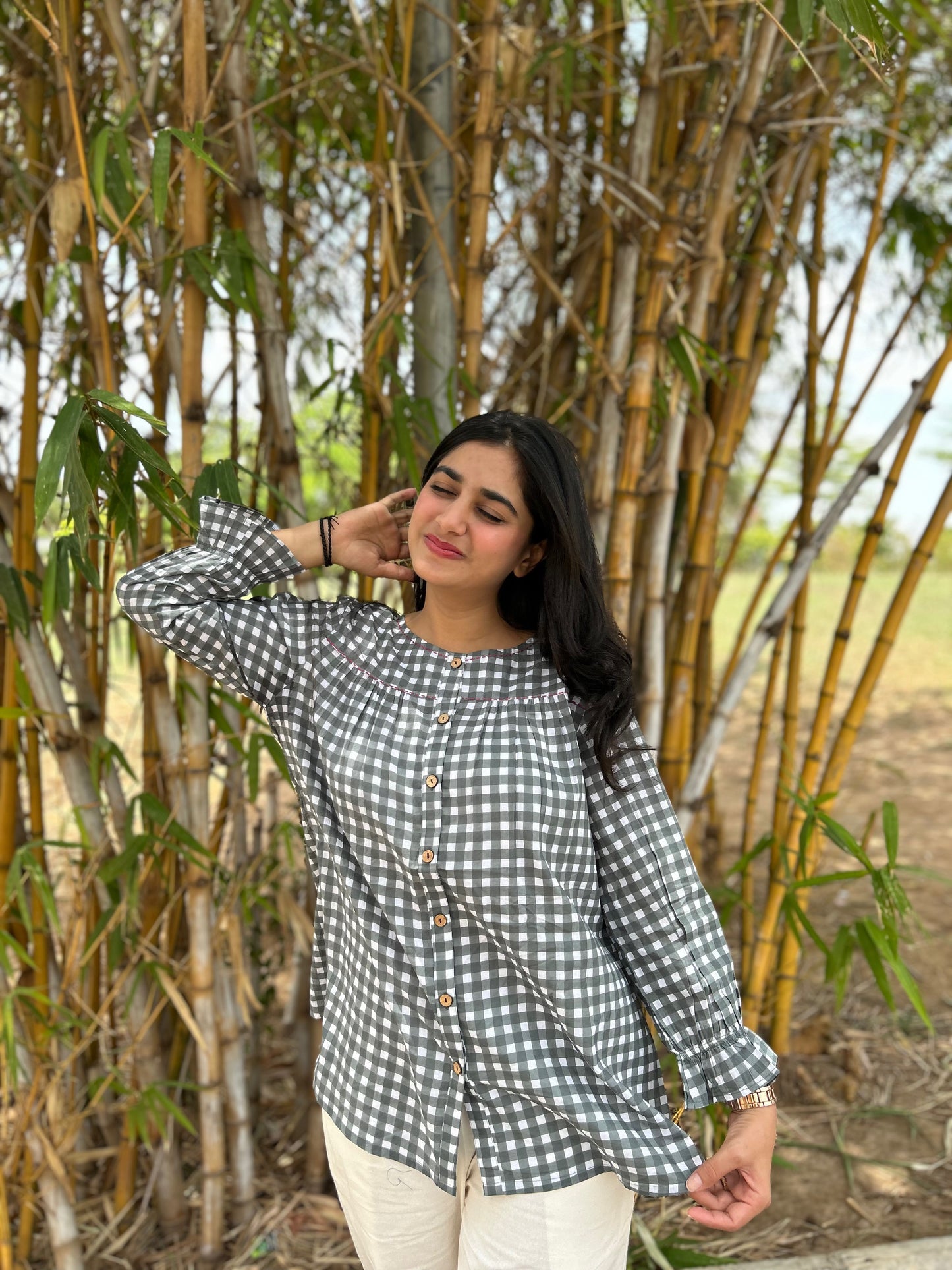 MIRA Slate Grey Checks Top