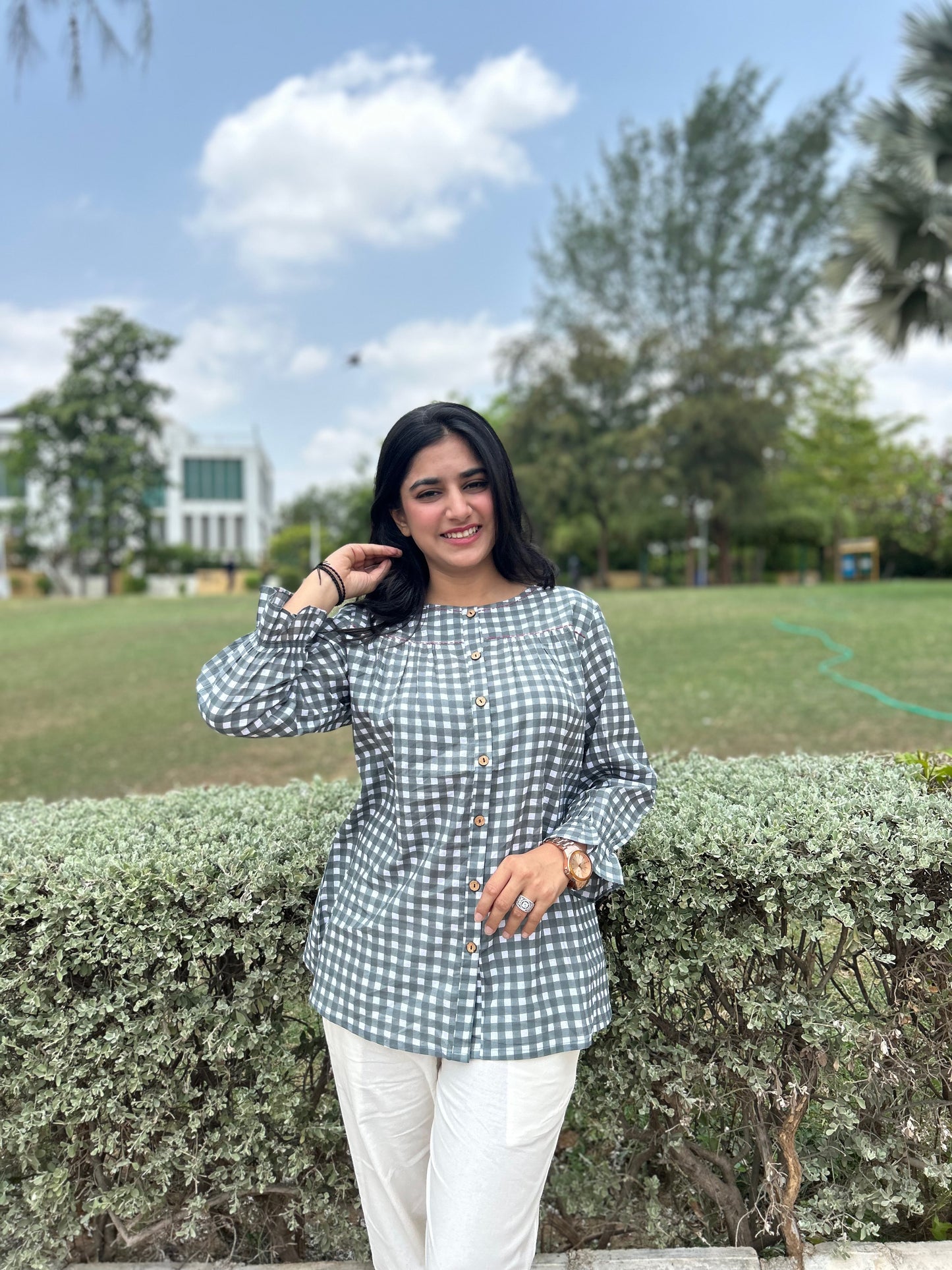 MIRA Slate Grey Checks Top