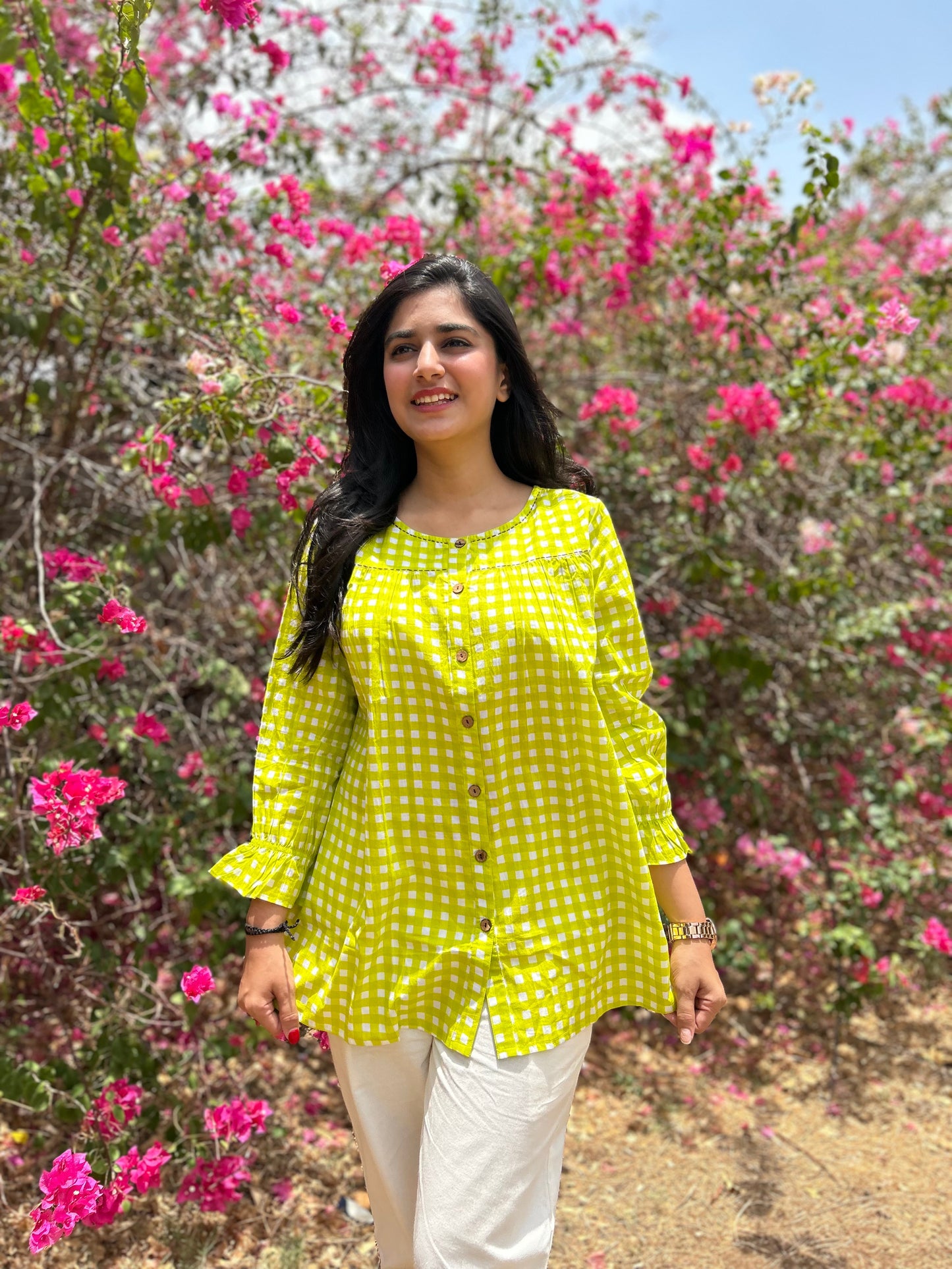 MIRA Lime Green Checks Top