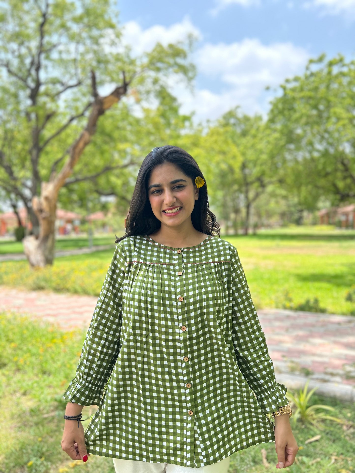 MIRA Garden Green Checks Top