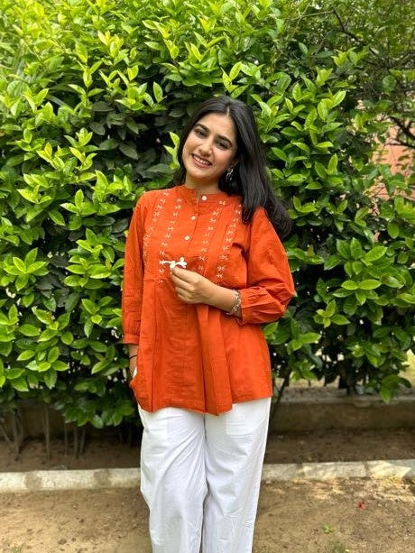 LIVAE Rust Handwork Cotton Short Top