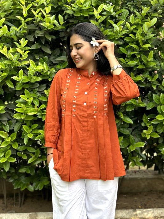 LIVAE Rust Handwork Cotton Short Top
