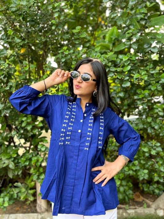 LIVAE Navy Blue Handwork Cotton Short Top