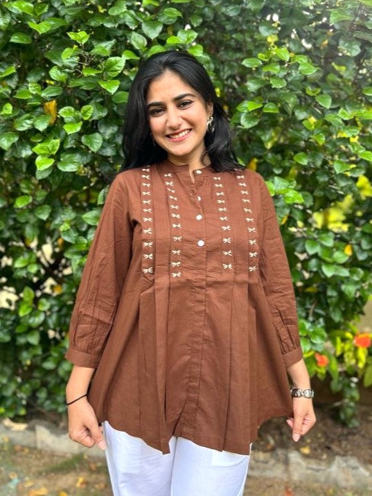 LIVAE Coffee Brown Handwork Cotton Short Top