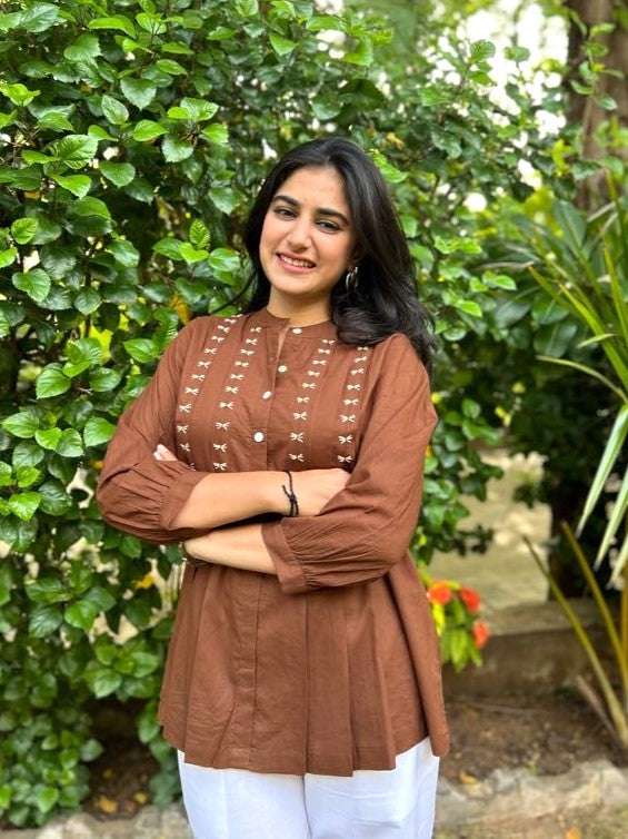 LIVAE Coffee Brown Handwork Cotton Short Top