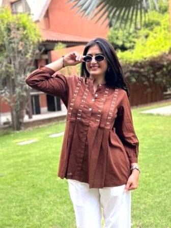 LIVAE Coffee Brown Handwork Cotton Short Top