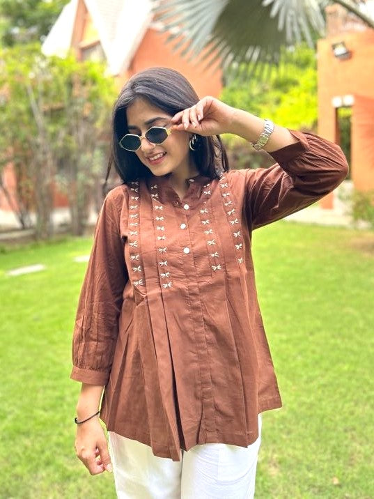 LIVAE Coffee Brown Handwork Cotton Short Top