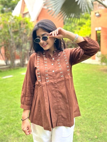 LIVAE Coffee Brown Handwork Cotton Short Top