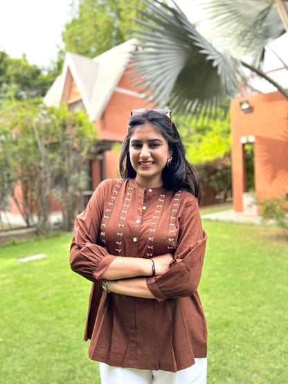 LIVAE Coffee Brown Handwork Cotton Short Top
