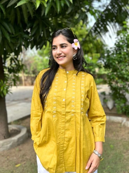 LIVAE Mustard Yellow Handwork Cotton Short Top