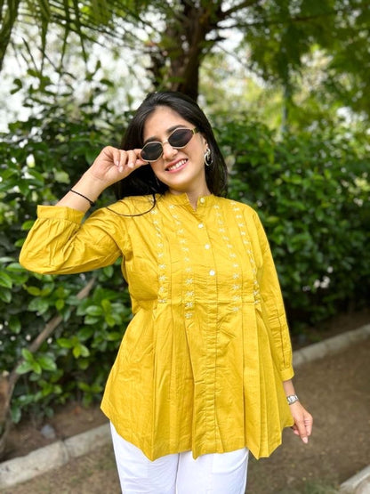 LIVAE Mustard Yellow Handwork Cotton Short Top