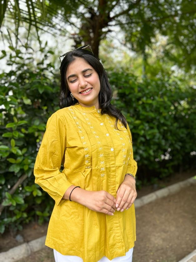 LIVAE Mustard Yellow Handwork Cotton Short Top