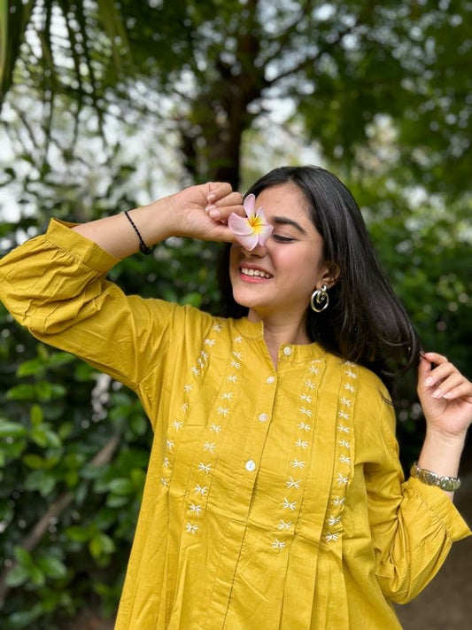 LIVAE Mustard Yellow Handwork Cotton Short Top