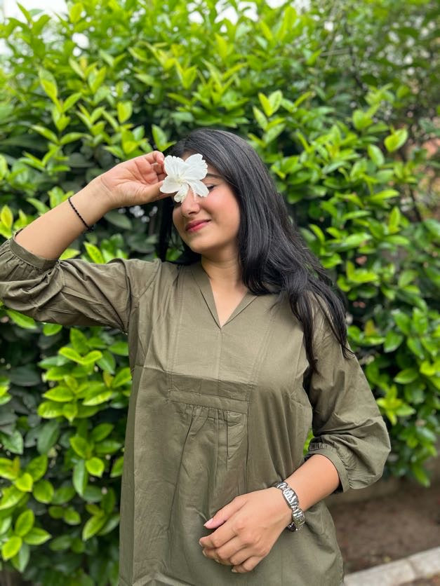 AIRA Olive Green V-Neck Cotton Short Top