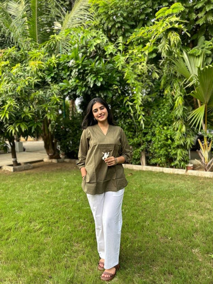AIRA Olive Green V-Neck Cotton Short Top