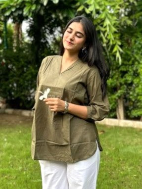 AIRA Olive Green V-Neck Cotton Short Top