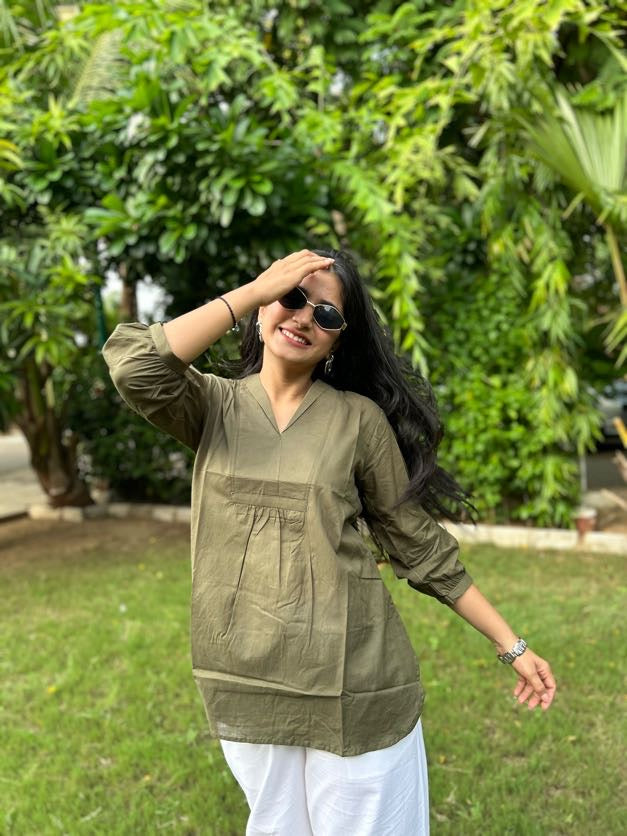 AIRA Olive Green V-Neck Cotton Short Top