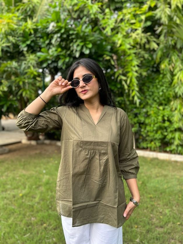 AIRA Olive Green V-Neck Cotton Short Top