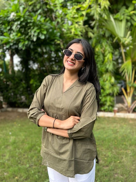 AIRA Olive Green V-Neck Cotton Short Top