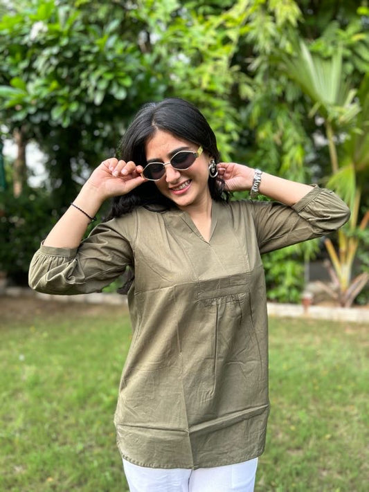 AIRA Olive Green V-Neck Cotton Short Top