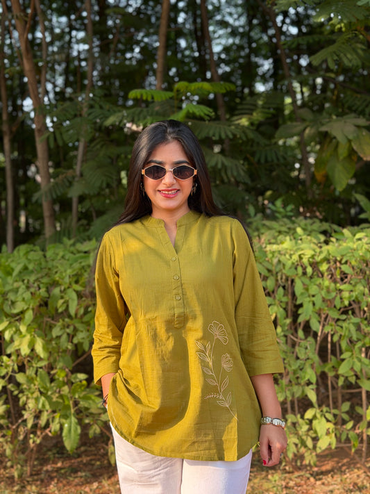 ELIO Light Olive Green Embroidered Cotton Short Top