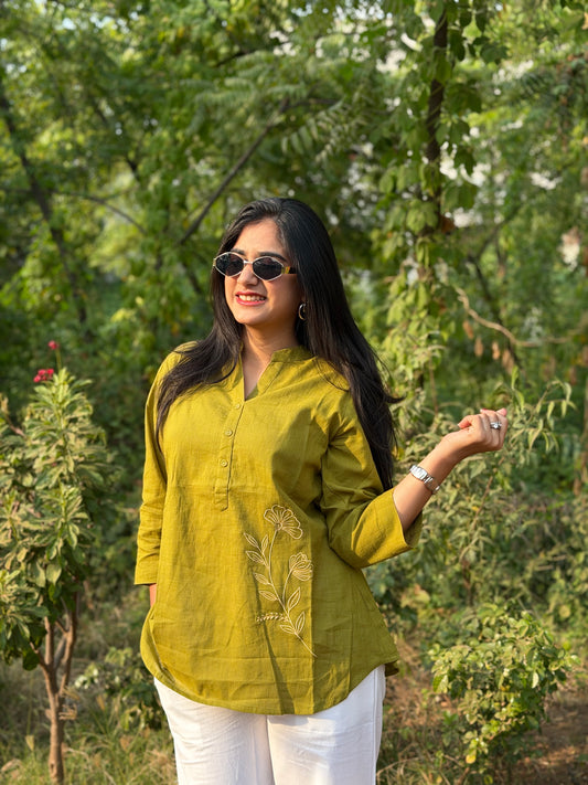 ELIO Light Olive Green Embroidered Cotton Short Top