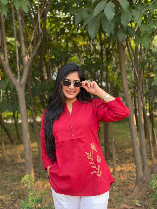 ELIO Crimson Red Embroidered Cotton Short Top