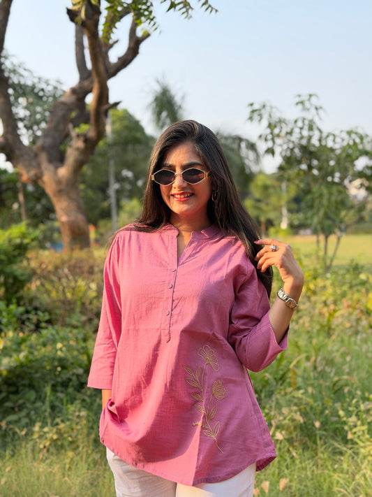 ELIO Mauve Pink Embroidered Cotton Short Top