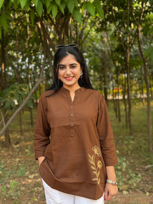 ELIO Coffee Brown Embroidered Cotton Short Top