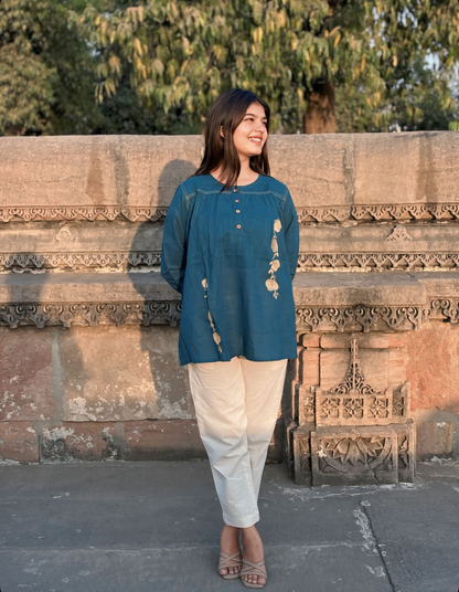 ANORA Earthy Teal Hand Detail Cotton Top