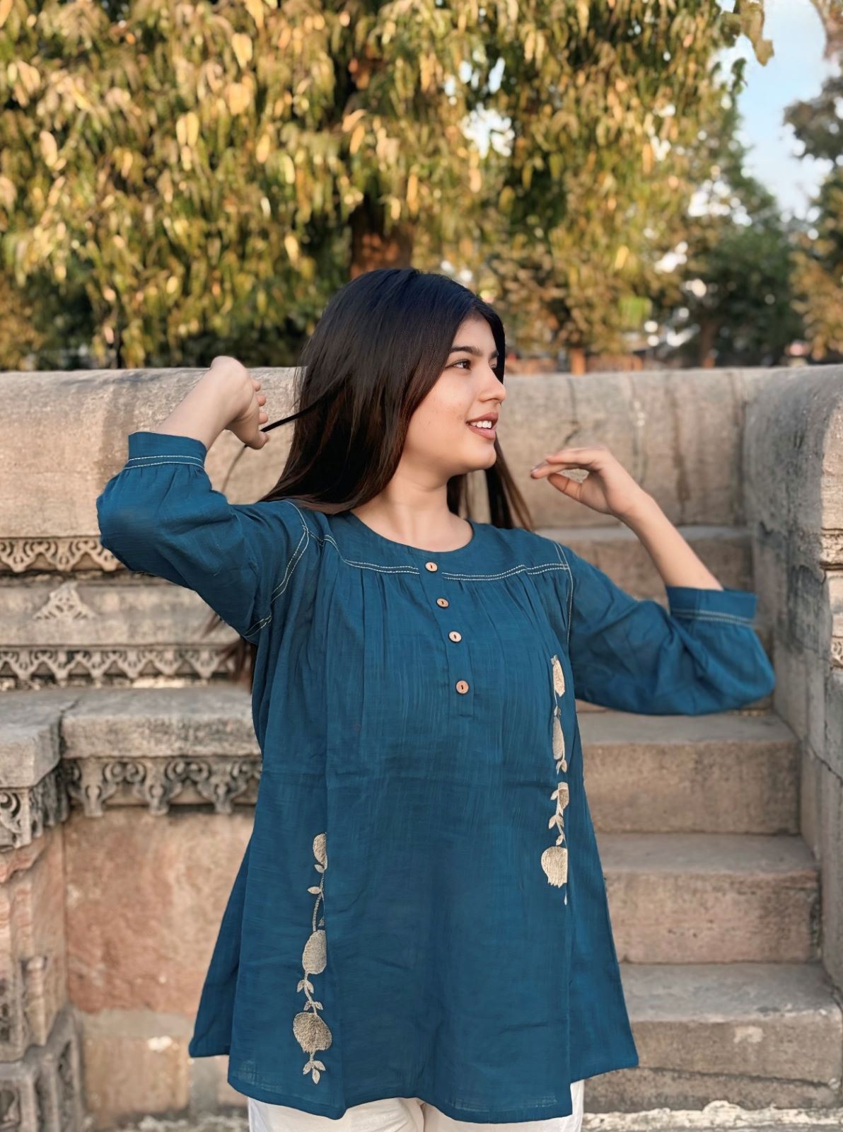 ANORA Earthy Teal Hand Detail Cotton Top