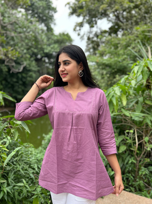 ZIVA Pink V-neck Hand work Cotton Short Top