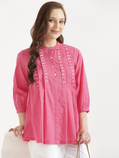 LIVAE Baby Pink Handwork Cotton Short Top