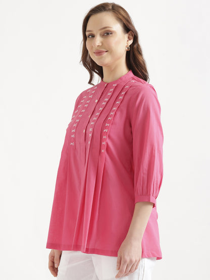 LIVAE Baby Pink Handwork Cotton Short Top