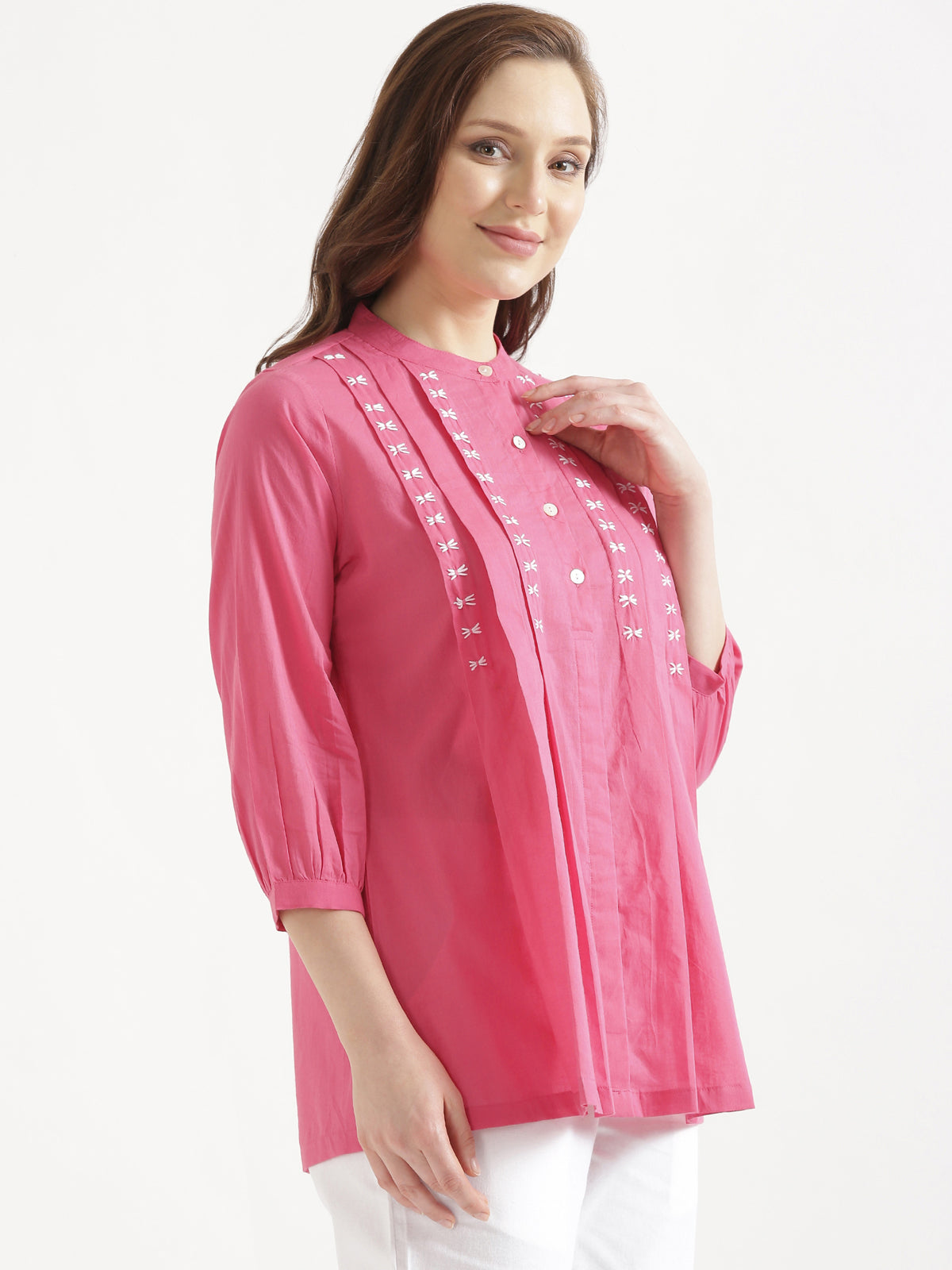 LIVAE Baby Pink Handwork Cotton Short Top