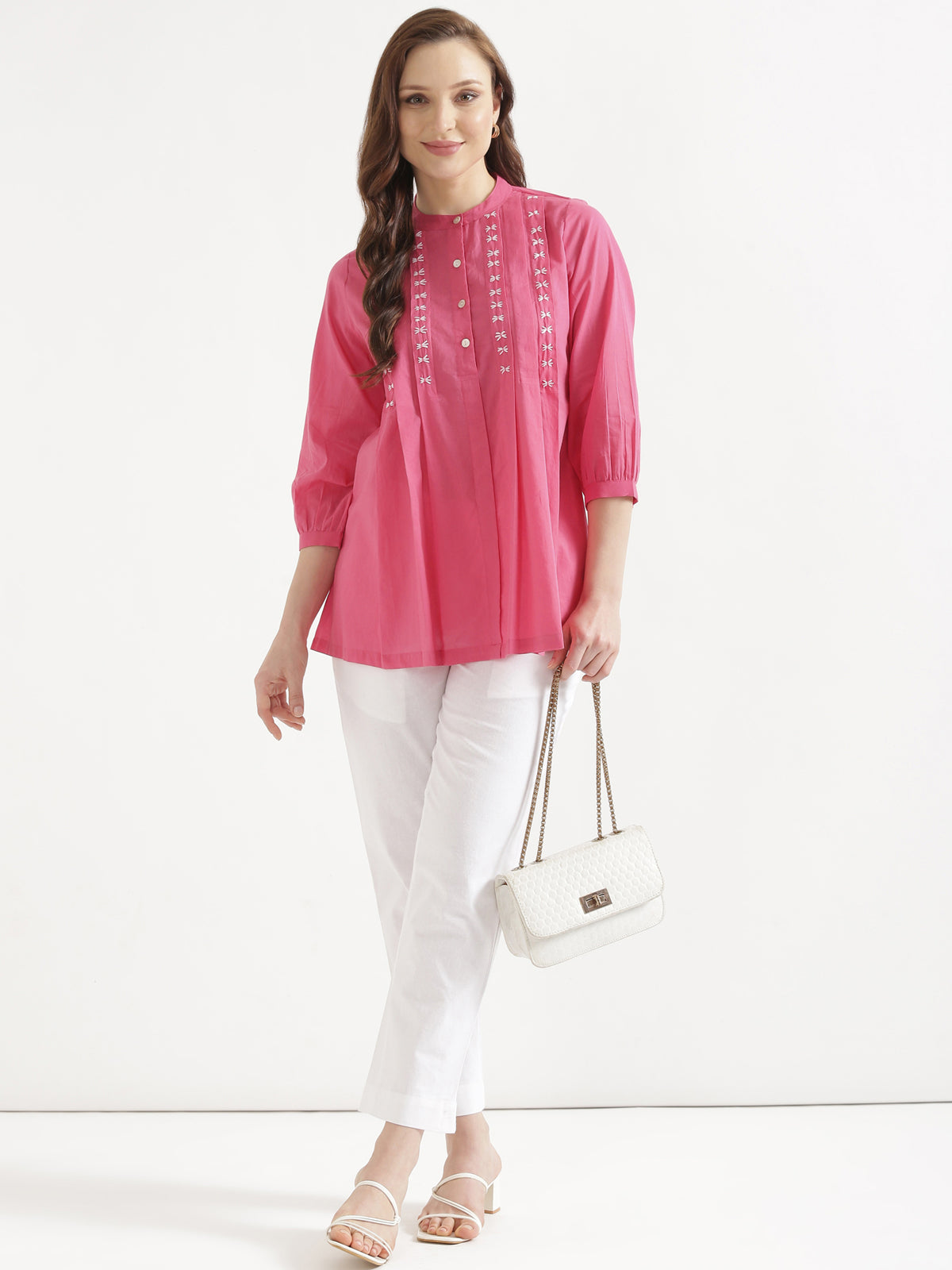 LIVAE Baby Pink Handwork Cotton Short Top