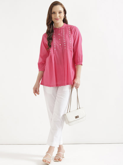 LIVAE Baby Pink Handwork Cotton Short Top