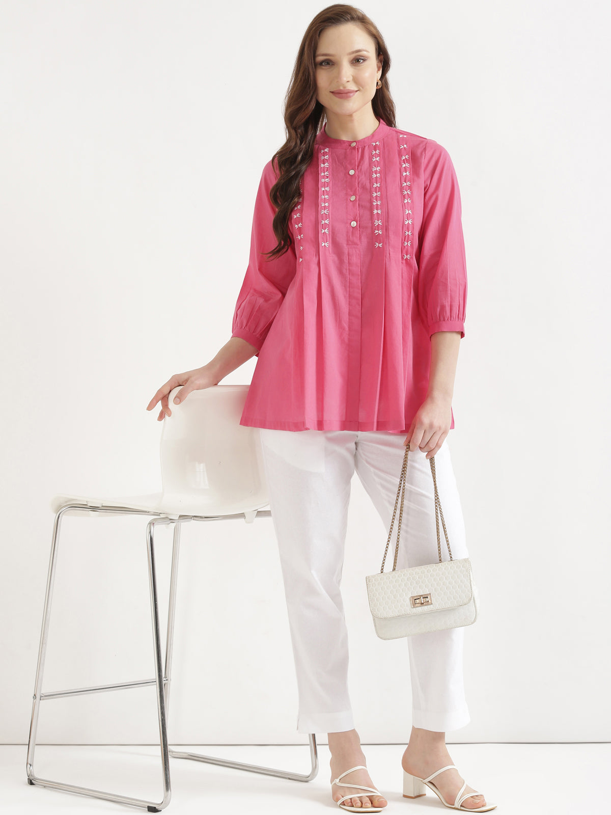 LIVAE Baby Pink Handwork Cotton Short Top
