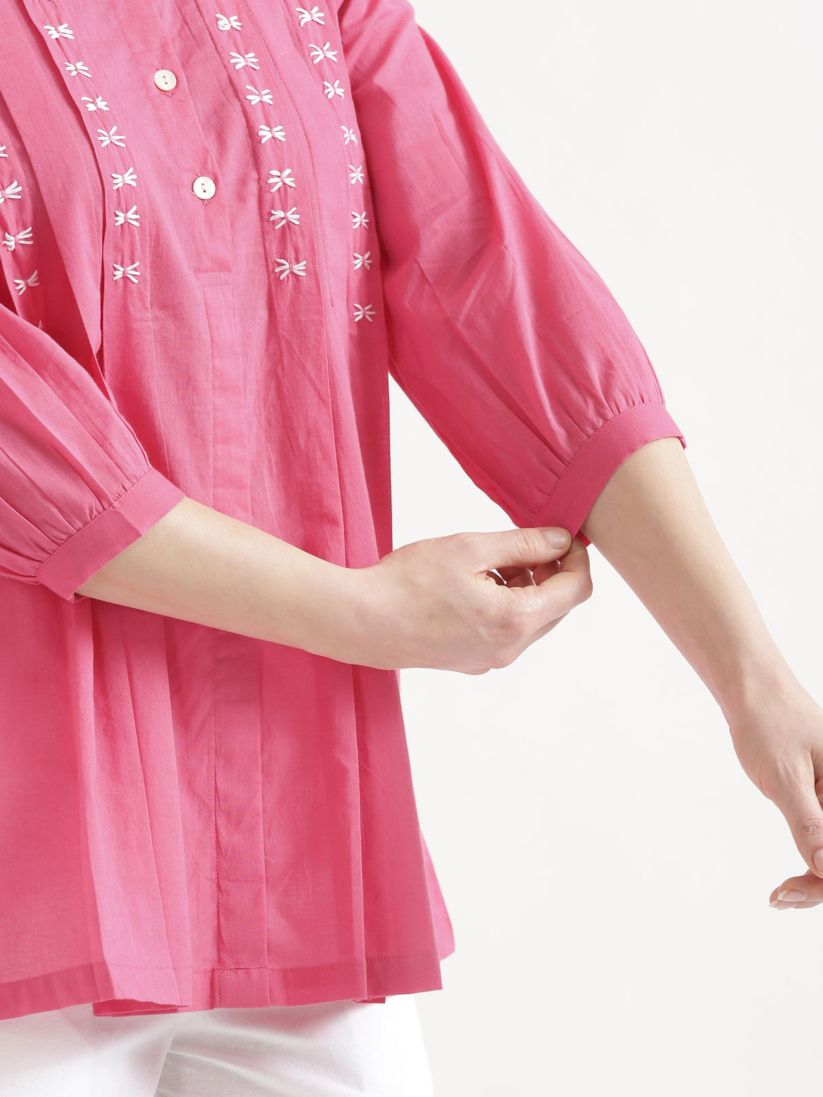 LIVAE Baby Pink Handwork Cotton Short Top