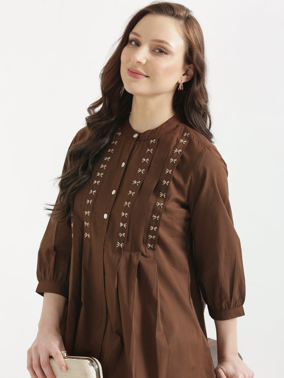 LIVAE Coffee Brown Handwork Cotton Short Top