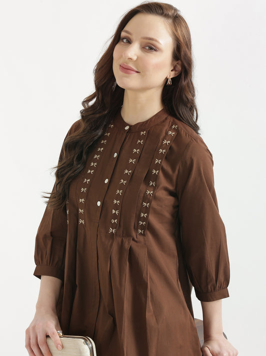 LIVAE Coffee Brown Handwork Cotton Short Top