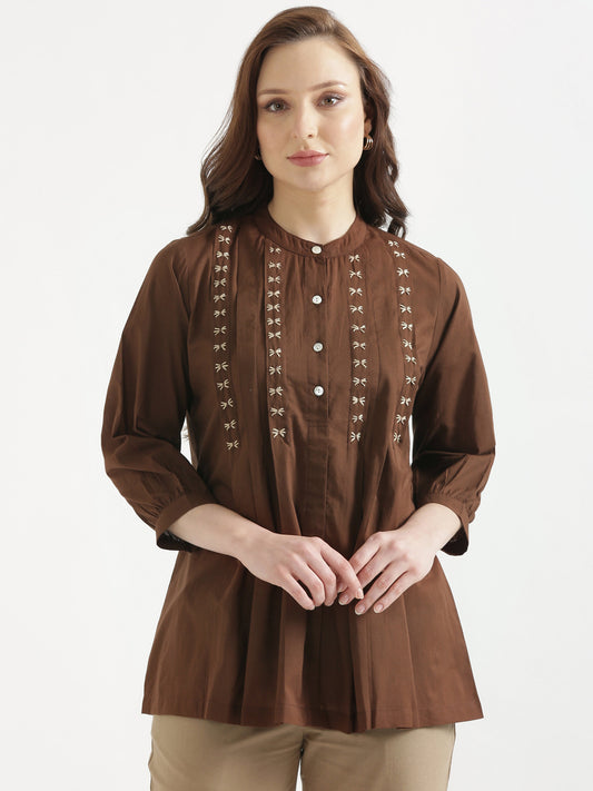 LIVAE Coffee Brown Handwork Cotton Short Top