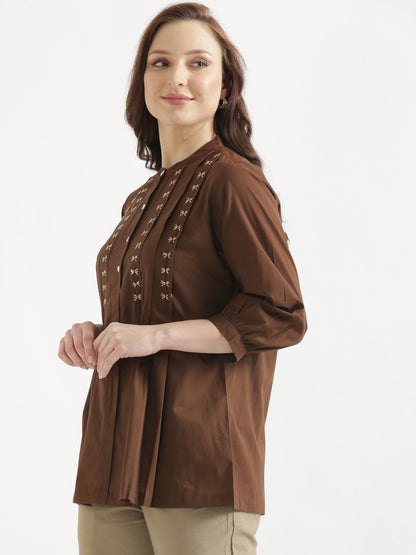 LIVAE Coffee Brown Handwork Cotton Short Top